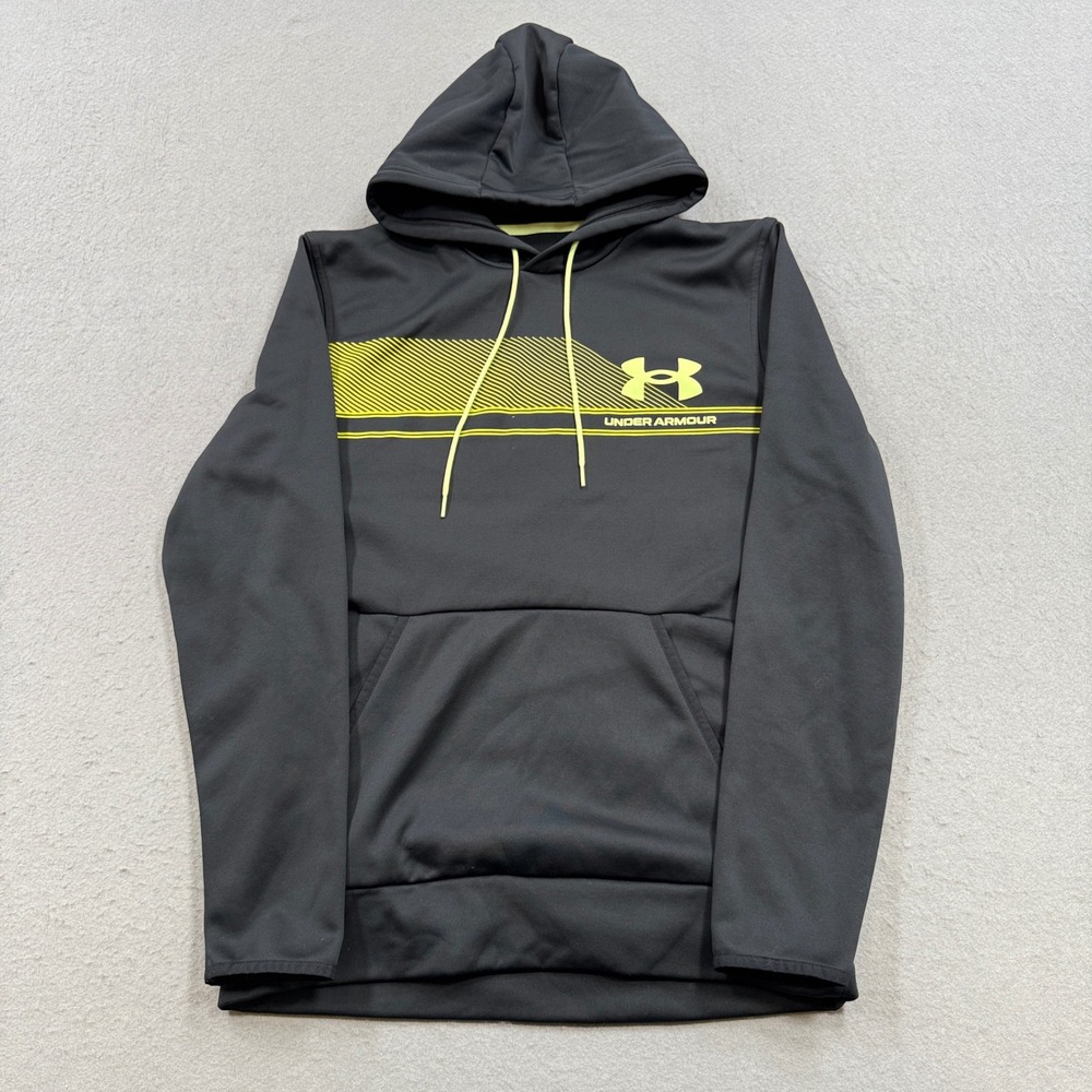 Under Armour Hoodie Men's Medium Black Neon Yellow Fleece Lined ColdGear Loose